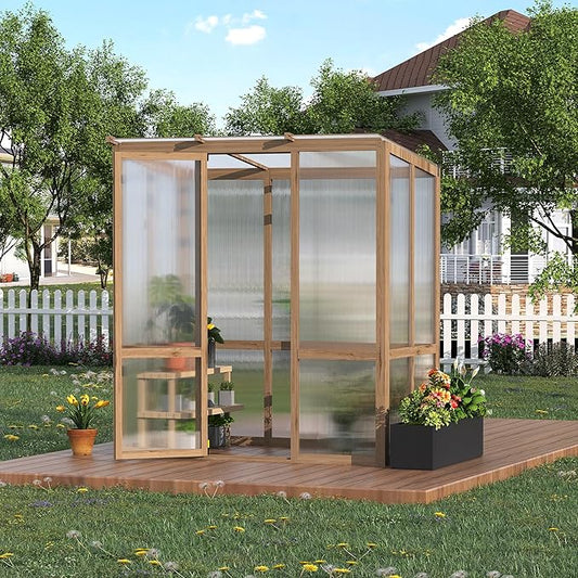4x6FT Wooden Greenhouse with Cedar Frame, Outdoor Wood Greenhouses with Roof Vent, Wood and Polycarbonate Walk-in Greenhouse