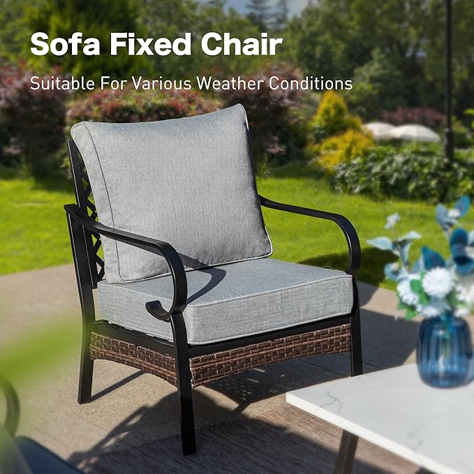 4 Piece Metal Outdoor Patio Furniture Set, Patio Conversation Sets 1 3-Seater Sofa, 2 Chairs with 5.75" Extra Thick Cushion and Coffee Table, Black Frame Backyard Furniture, Gray