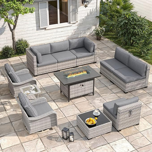 8-Seat Outdoor Wicker Patio Furniture Set with Fire Pit Table, Modular Rattan Sectional Sofa & 2 Swivel Rocking Chairs, 4" Thick Cushions, Rust-Resistant Frame,Black