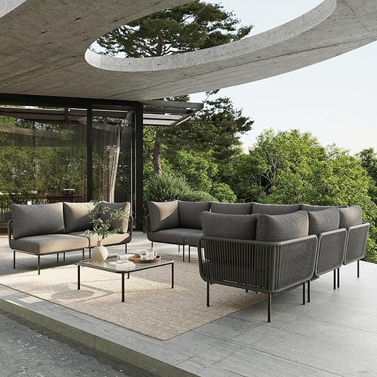 9 Piece Modern Outdoor Rope Wicker Sectional Patio L-Shaped Conversation Sofa Set Deep Seating with Thick Cushions