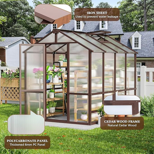 6x8 FT Greenhouse, Wooden Polycarbonate Greenhouse with 6MM Thick Polycarbonate Panel and Adjustable Roof Vents, Walk-in greenhouses for Outdoors for Garden Backyard, Patio, Lawn, Brown