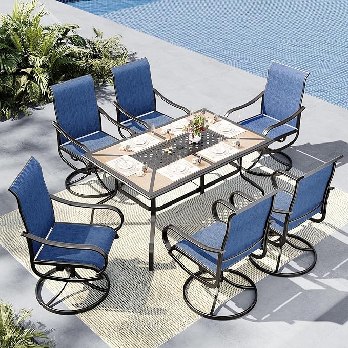 MFSTUDIO Outdoor Patio Dining Set for 6, Patio Table and Chairs Set with Umbrella Hole, Outdoor Patio Furniture Set for Deck, Backyard, Poolside & Garden