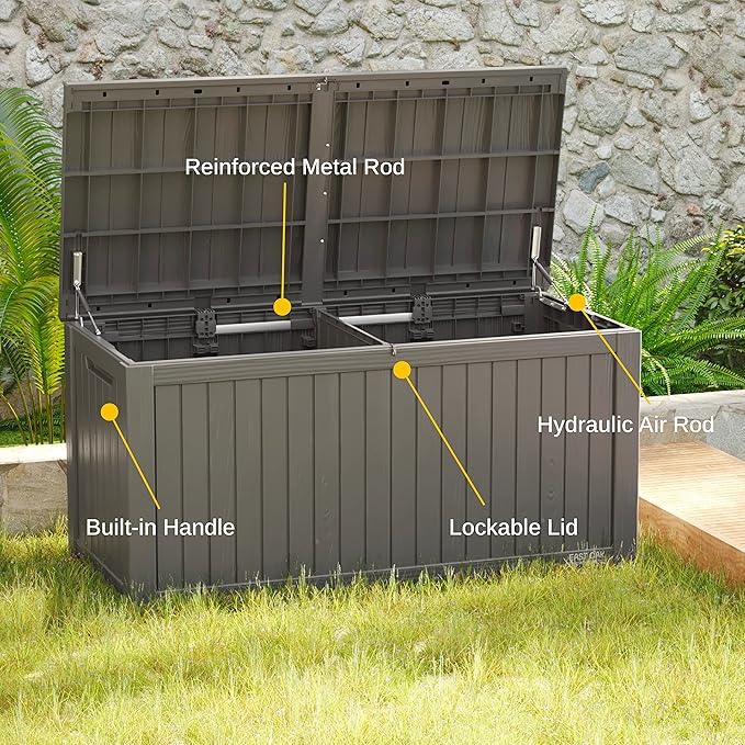 EAST OAK Outdoor Storage Box, 180 Gallon Deck Box, Large Resin Storage Bin for Patio Cushions, Gardening Tools, Lockable, Waterproof and UV Resistant, Grey