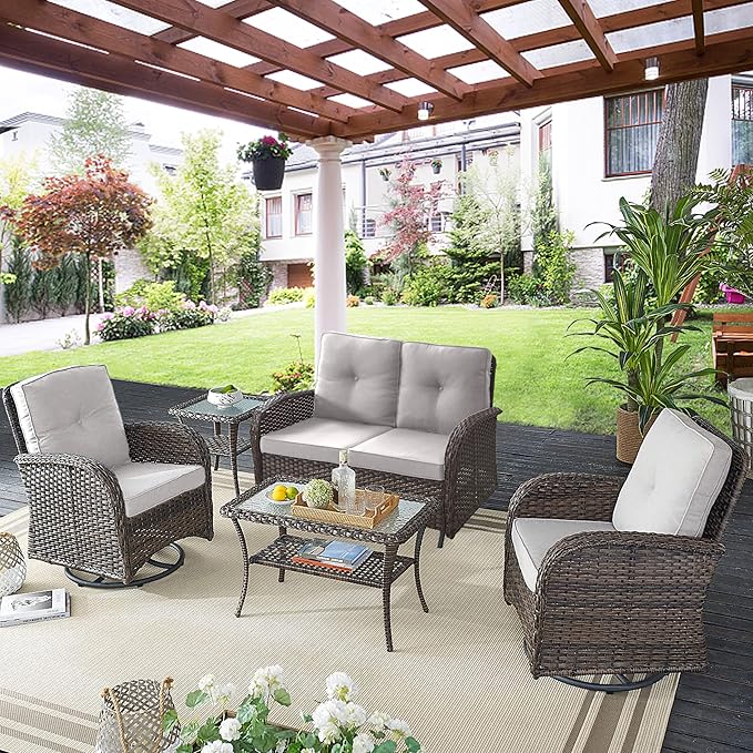 5 Piece Swivel Rocker Glider Outdoor Chairs Set of 2 with Ottoman and Glass Side Table Patio Bistro Furniture Set, Comfort High Back Wicker Patio Conversation Set for Deck Porch Sunroom