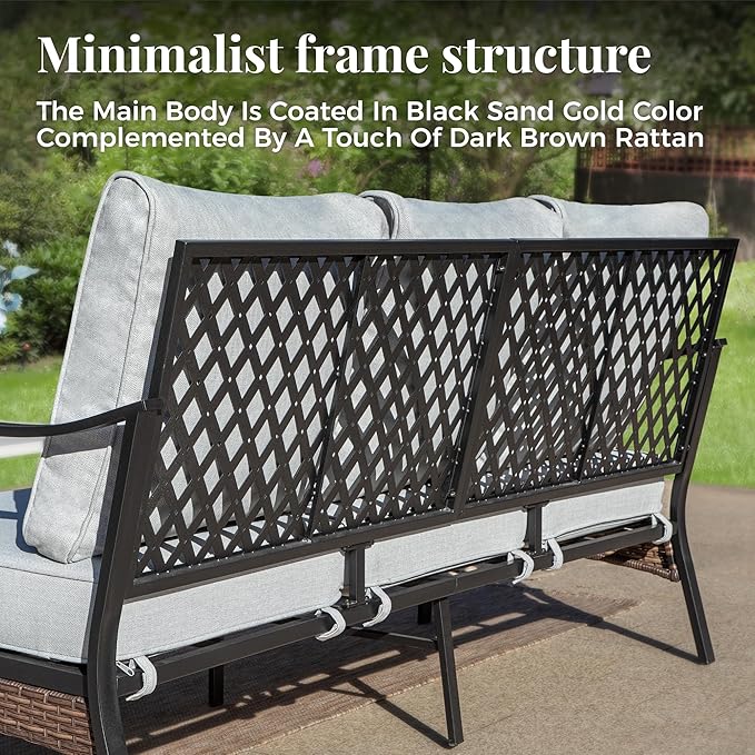 Patio Furniture Set with Firepit Table, Black Frame Outdoor Conversation Set with 4 x Fixed Chairs, 1 x 3-Seat Sofa for Lawn Garden Backyard, Light Grey