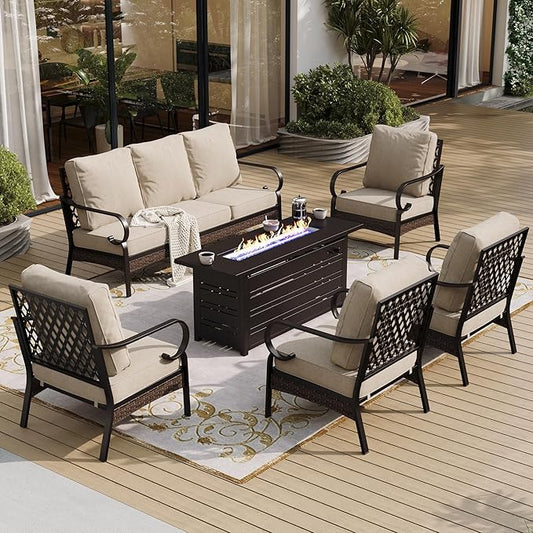 6 Piece Black Metal Outdoor Patio Furniture Sets with Firepit Table, Patio Conversation Sets 1 3-Seater Sofa, 4 Single Sofa with 5.75" Thick Cushion Backyard Furniture for Deck, Beige