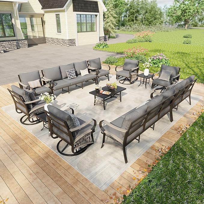 12-Piece Patio Conversation Sets, All Weather Metal Outdoor Furniture Set Includes 2 Three-Seater 4 Swivel Rockers with 2 Side Tables 1 Loveseat with Coffee Table 2 Single Chairs for Deck Porch, Gray