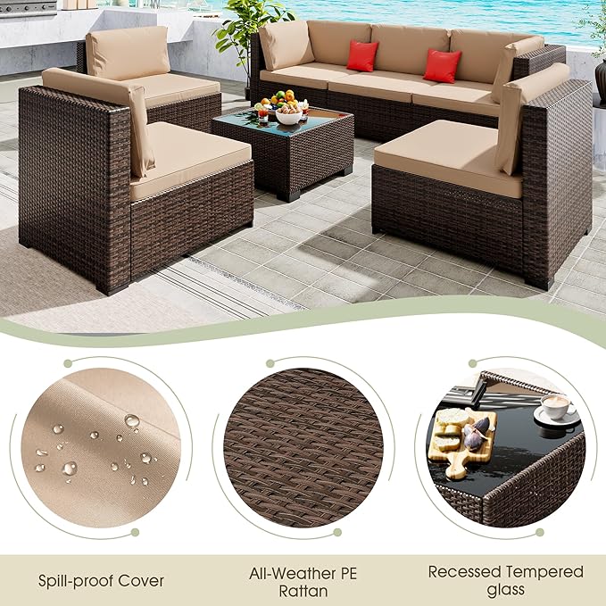 7 Piece Patio Sectional Furniture Set Outdoor Furniture Brown Rattan Outdoor Sectional & Patio Sectional - Hand-Woven Wicker Outdoor Sectional Beige Cushions Glass Table