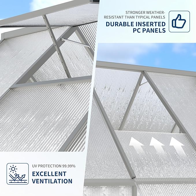 Polycarbonate Greenhouse for Outdoors, Large Walk-InGreenhouse with Quick Setup Structure and Roof Vent, Greenhouse with Ventilation