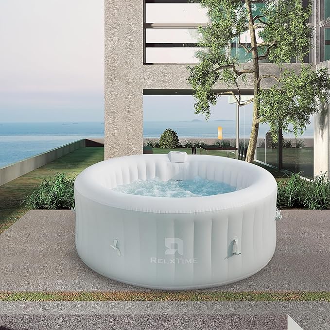 Inflatable Hot Tub Spa 2-4 Person 110 Air Jets, Portable Blow Up Hottub with Cover, Built in Heater Pump, Round Outdoor Spa, Cup Holder, 2 Filters, Green