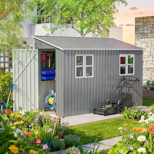 4x10 FT Outdoor Storage Shed, Metal Shed, Lockable Door, Sloping Roof, All-Weather Lean to Resin Shed for Garden, Backyard, Patio, Lawn (Gray)
