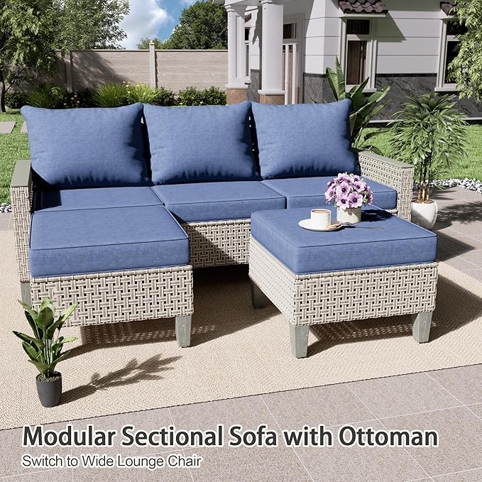 Outdoor Patio Furniture Set with Fire Pit Table 15-Piece Modular Wicker Sectional Sofa with Ottomans and Thick Cushions, Modern Rattan Outdoor Conversation Couch, Navy