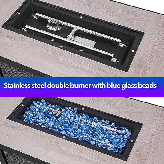 42 Inch Propane Fire Pit Table, 50,000 BTU Hand-Woven Rattan Outdoor Fire Pit with Lid & Blue Glass Bead, Outdoor Fireplace for Patio Deck Garden, Gray