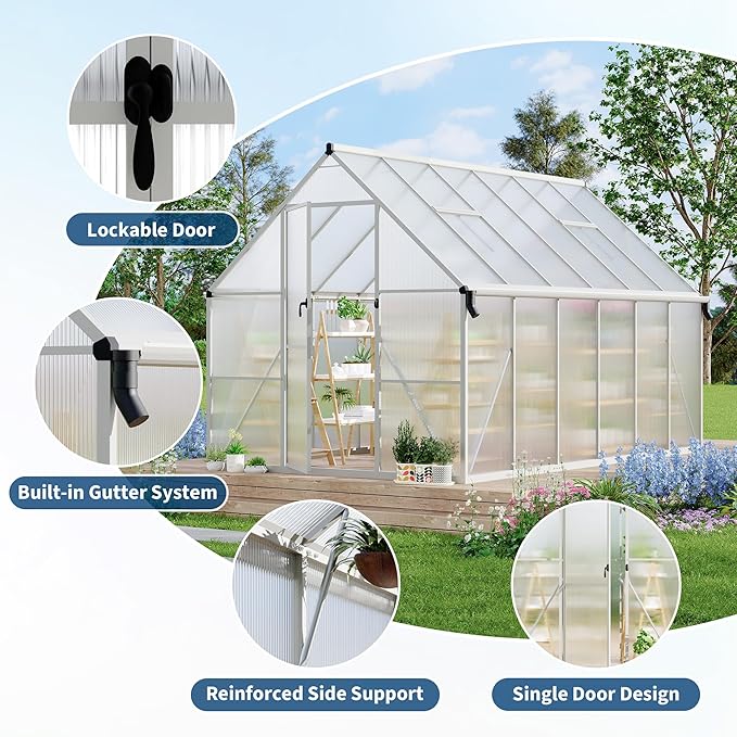 Polycarbonate Greenhouse for Outdoors, Large Walk-InGreenhouse with Quick Setup Structure and Roof Vent, Greenhouse with Ventilation