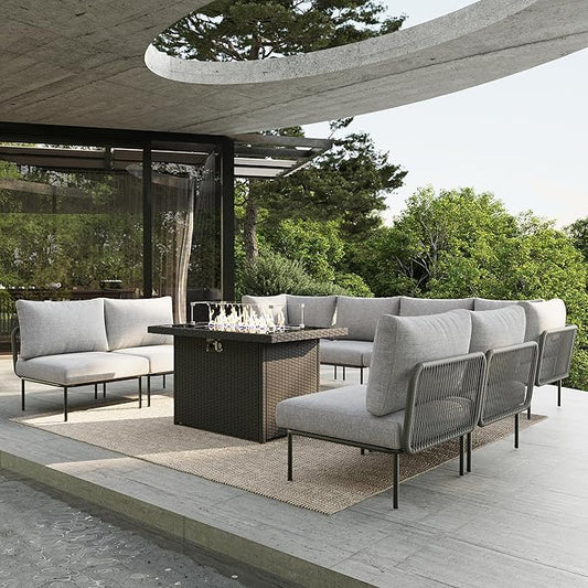 9 Piece Modern Outdoor Rope Wicker Sectional Patio L-Shaped Conversation Sofa Set Deep Seating with Fire Pit Table