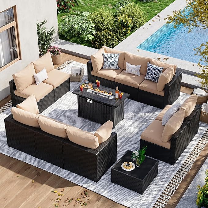 Aoxun 12 Piece Patio Furniture Set with 44” Fire Pit Table Wicker Rattan Patio Sectional Sofa Set Outdoor Seating Furniture with Thickened Cushion, Beige