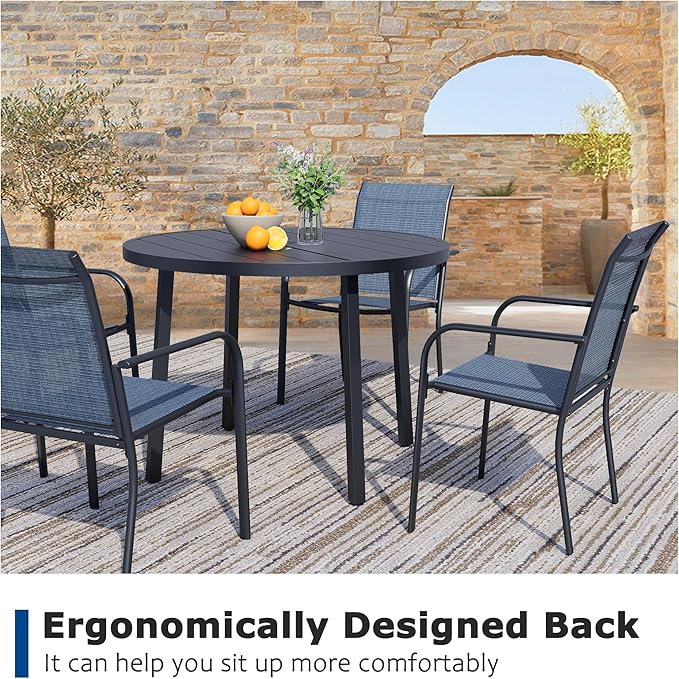 5 Pieces Patio Dining Set for 4, Blue Patio Stackable Chairs and Black Round Table Set of 4, Outdoor Furniture Set with Sling Support for Outside, Garden