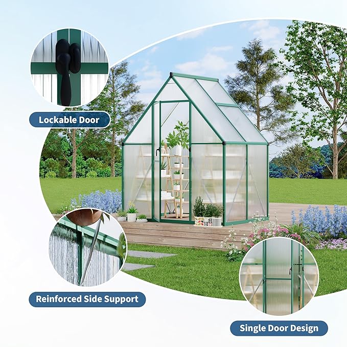 Polycarbonate Greenhouse for Outdoors, Large Walk-InGreenhouse with Quick Setup Structure and Roof Vent, Greenhouse with Ventilation