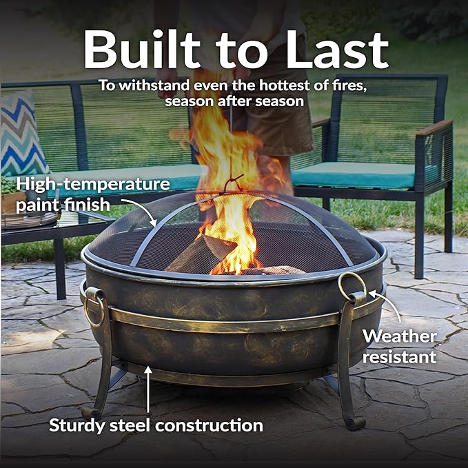 Sunnydaze 34-Inch Large Fire Pit for Outside - Wood-Burning Fire Pit Bowl for Outdoors with Spark Screen, Log Poker, and Grate