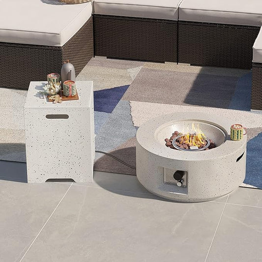 SUNBURY Outdoor 28 Inch Propane Fire Pit Table, Round Fire Table w Tank Table, 40,000 BTU Spotted White Patio Gas Fire Table Waterproof Cover, Lava Rocks