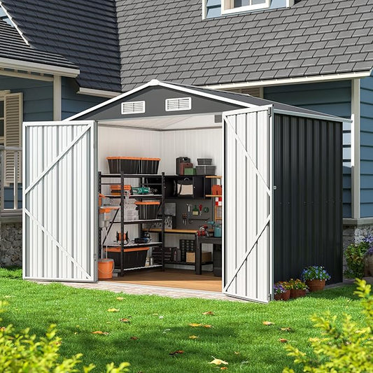 8x6 FT Outdoor Storage Shed, Metal Garden Tool Shed with Updated Frame Structure and Lockable Doors, Ideal for Backyard Garden Patio Lawn, Grey