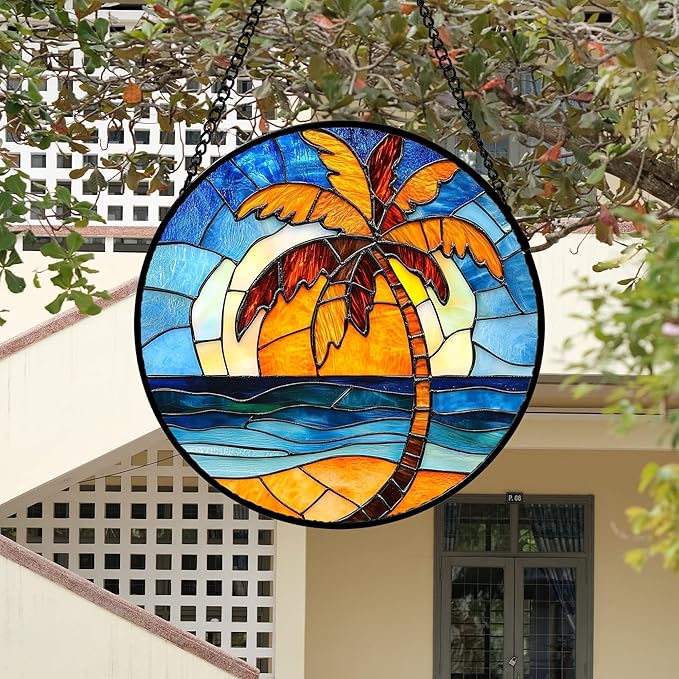 DASTOLL Stained Glass Window Hanging 4 Pcs Set Blue Orange Ocean Beach Theme 9.8" - Suncatcher Door Garden Sun Catcher Decor Birthday Christmas for Mom Woman Nana Men Wife