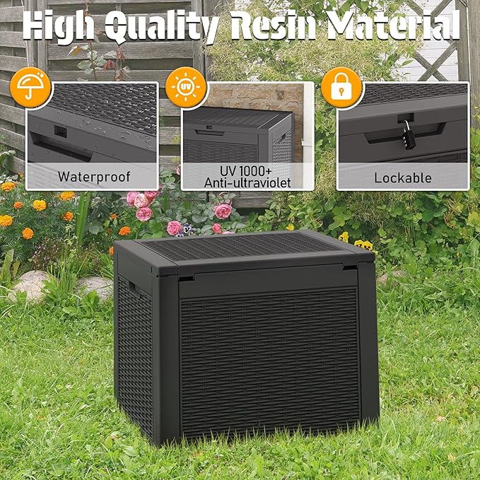 NUNU LAB 30 Gallon Outdoor Storage Box Waterproof, Outside Package Delivery Deck Boxes with Lockable Lid, Backyard Storage Bin For Garden Tools, Patio Cushions, Pool Accessories, Black