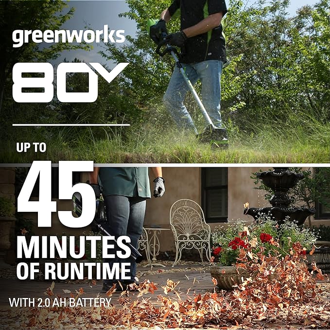 Greenworks 80V Brushless Cordless Yard Tool Combo Kit with 2.0Ah Battery & Rapid Charger – 16" Dual-Line String Trimmer and 500 CFM / 125 MPH Leaf Blower, Variable Speed, 4-Year Warranty