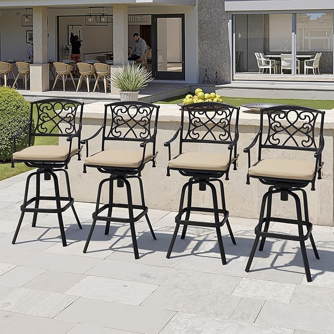 Crestlive Products Outdoor Bar Stools with Sunbrella Cushion Set of 4, 360° Swivel Patio Bar Height Chairs, All Weather Heavy Duty Commercial Grade Furniture, Antique Brown Finish for Outside(Tan)