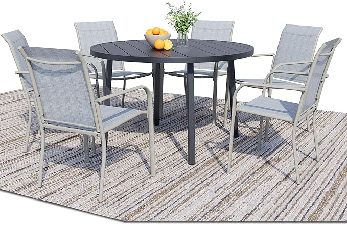 7 Pieces Patio Dining Set for 6, Beige Blue Patio Stackable Chairs and Black Round Table Set of 6, Outdoor Furniture Set with Sling Support for Outside, Garden