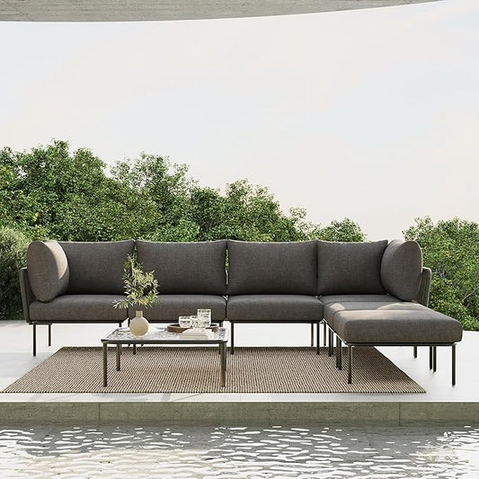 7 Piece Modern Outdoor Rope Wicker Sectional Patio L-Shaped Conversation Sofa Set Deep Seating with Thick Cushions