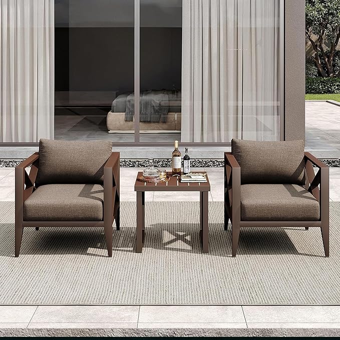 Aluminum Patio Furniture Set, 3 Pieces Conversation Set with 6 Inch Cushions and Coffee Table, Outdoor Patio Sectional Sofa for Garden (Brown)
