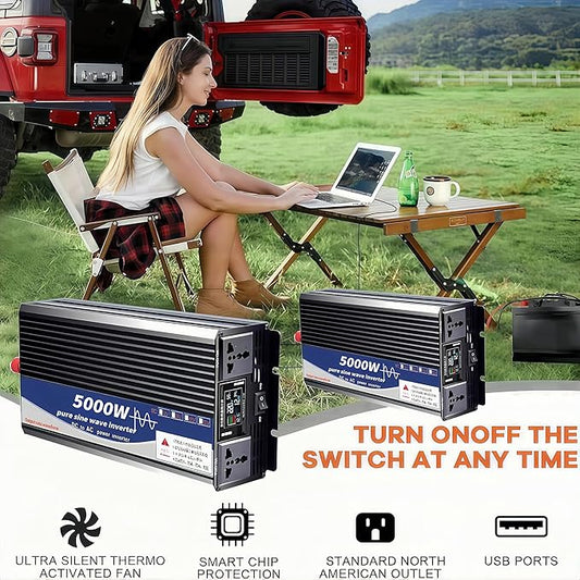 5000 Watt Power Inverter 12V DC to 220V AC Converter, RV Inverter, LED Display with 2 AC Outlets Dual Fans Radiating, for RV, Camp and Home, Electric Tool Pure Sine Wave Inverter (220V, 5000W 12V)
