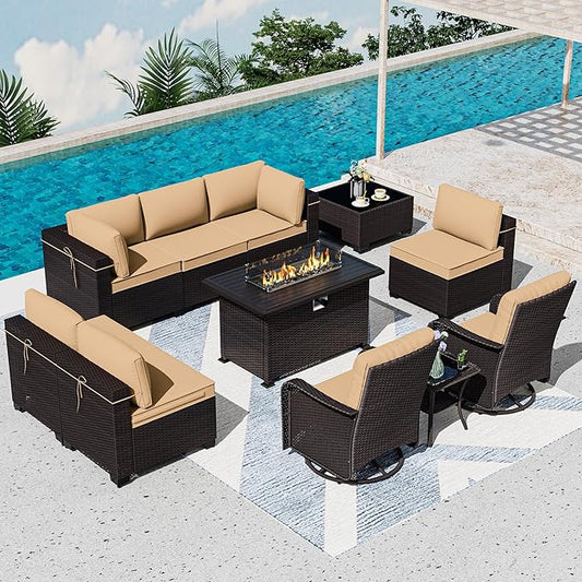 11 Pieces Patio Furniture Set with 2 Swivel Chairs Patio Furniture Outdoor Sectional Sofas with 55000 Gas Fire Pit Patio Conversation Set w/7 Cushions-Brown
