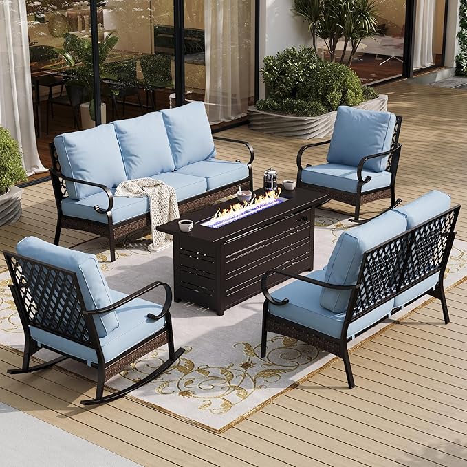 5 Piece Black Metal Outdoor Patio Furniture Set with Firepit Table, Patio Conversation Set 1 3-Seater Sofa, 2-Seater Sofa, 2 Rocking Chairs with 5.75" Cushion for Backyard Deck, Blue