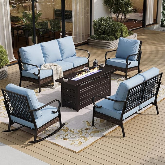 5 Piece Black Metal Outdoor Patio Furniture Set with Firepit Table, Patio Conversation Set 1 3-Seater Sofa, 2-Seater Sofa, 2 Rocking Chairs with 5.75" Cushion for Backyard Deck, Blue