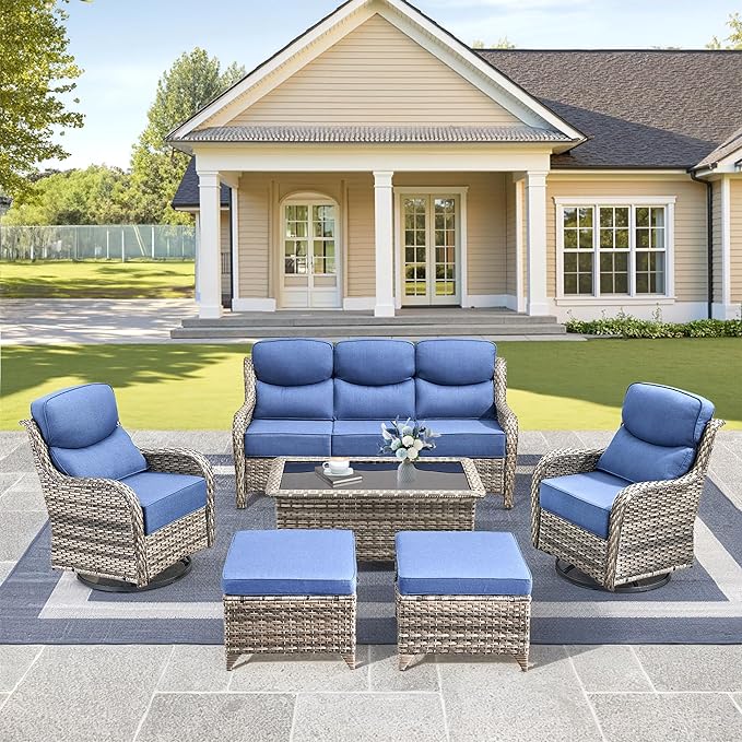 Luxury High Back Outdoor Furniture with 6-Inch Thick Cushions, Patio Furniture Set with Swivel Chairs, 6 PCS Wicker Conversation Set for Porch, Balcony, Deck and Yard
