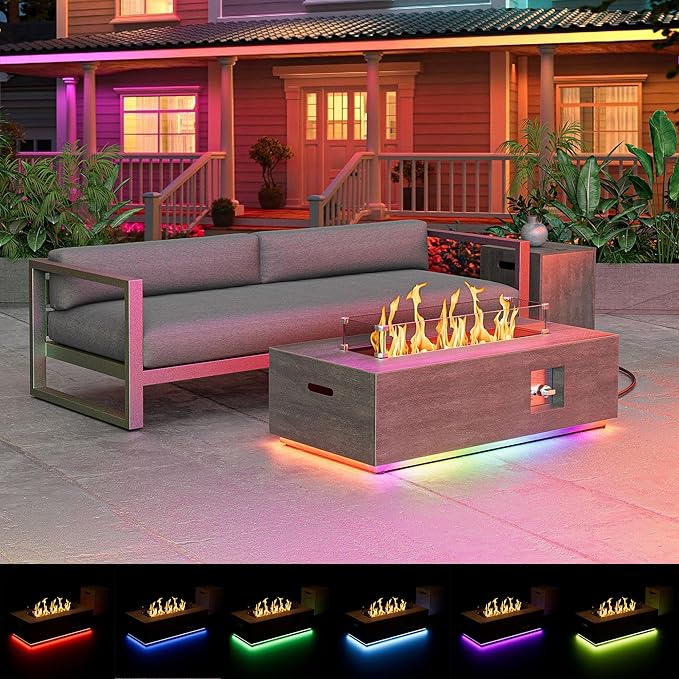 42 inch Propane Fire Pit Table, 2 in 1 Outdoor Fire Pit with 20lb Tank Cover, Outside Patio Deck and Garden, LED Gas Fireplace Table with Lid and Stone, 50,000 BTU Adjustable Flame, Grey