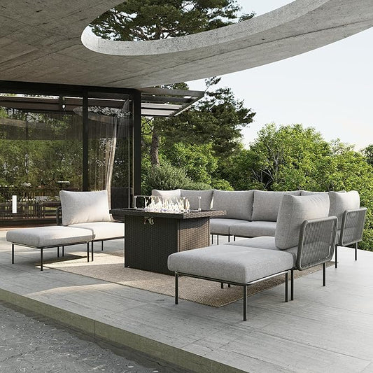 9 Piece Modern Outdoor Rope Wicker Sectional Patio L-Shaped Conversation Sofa Set Deep Seating with Fire Pit Table