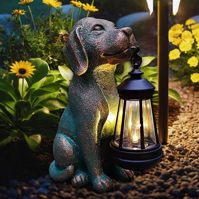 RCTTICUU Dog Garden Statue Outdoor Décor with Solar Lights Lantern,Dog Solar Light Figurines Outside Decorations for Yard，Lawn ,Patio, Balcony, Unique Housewarming Gifts