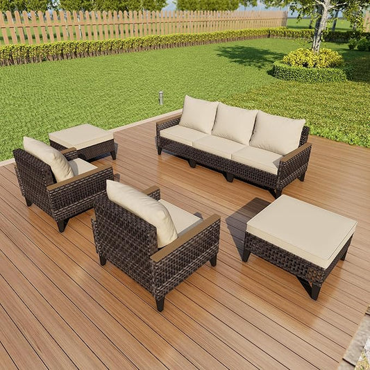 7 Pieces Patio Furniture Set, Outdoor Conversation Sets with Footstool, Wicker Rattan Sofa Couches Chairs Ottomans for Porch, Poolside, Deck, Balcony, Backyard, Yard, Garden (Beige Cushions)
