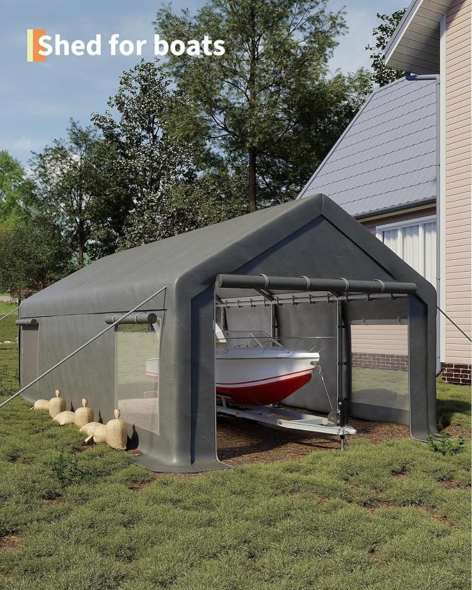 13x25 Ft Carport, Heavy Duty Portable Garage with Roll-Up Doors & 4 Windows,200g PE Tarp Waterproof & UV Protected,All-Weather Design,for Car, Boat, Truck, Motorcycle, ATVs, and SUV