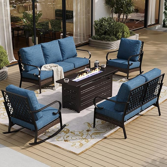 5 Piece Black Metal Outdoor Patio Furniture Sets with Firepit Table, Patio Conversation Sets 1 3-Seater Sofa, 2-Seater Sofa, 2 Rocking Sofa with 5.75" Cushion for Backyard Deck, Blue-2