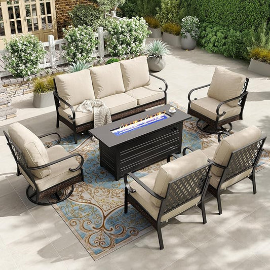 HERA'S HOUSE 6 Piece Metal Patio Furniture Set with 56" Fire Pit Table, All Weather Outdoor Conversation Set, 3 Seat Sofa, 2 Swivel Chairs, 2 Fixed Chairs, Seats 7 for Backyard, Garden, Deck, Beige