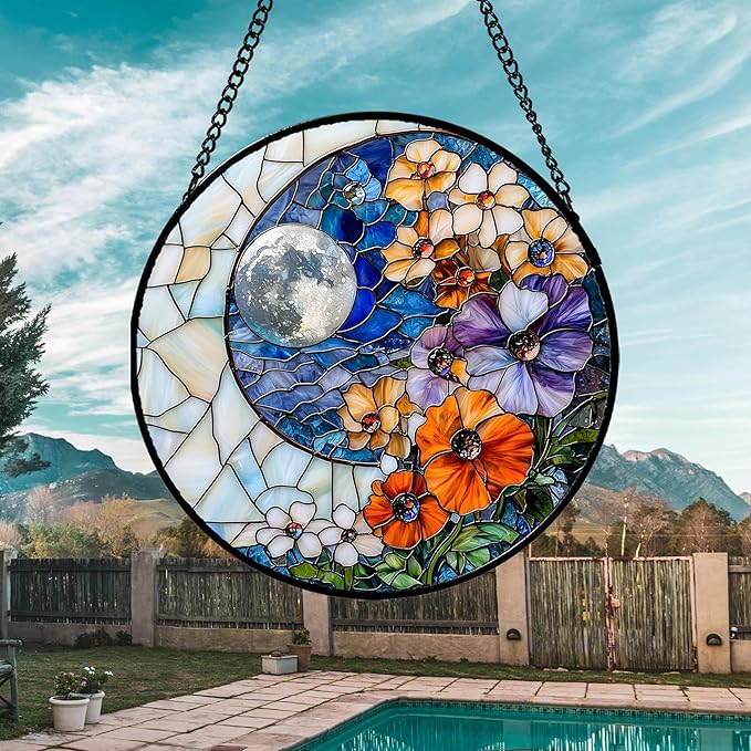 JOSUMALY Stained Glass Window Hanging - Blue White Moon Suncatcher for Door Terrace Garden Home Decor Colorful Flowers Sun Catcher Birthday Gifts for Lovers Women Men Dad Mom Nana 6.3 in
