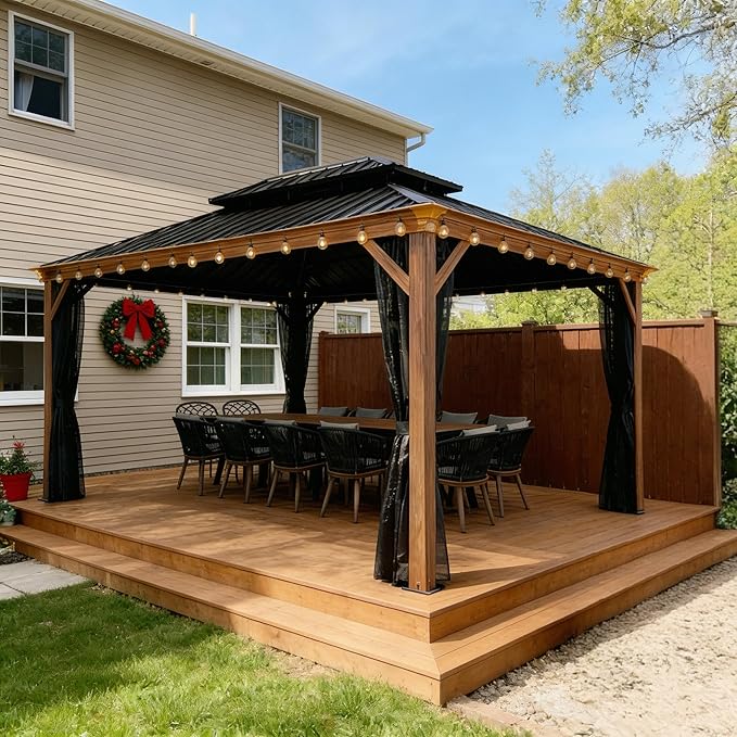 PURPLE LEAF 12' X 16' Outdoor Hardtop Gazebo for Patio Galvanized Steel Double Roof Permanent Canopy Aluminum Frame Pavilion Gazebo with Netting and String Lights