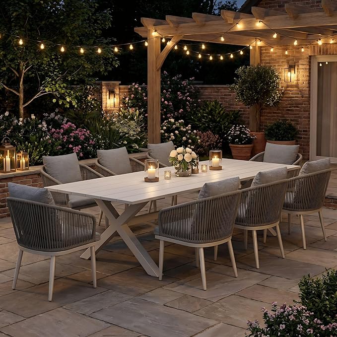Aeeiua 98" x 38" Outdoor Dining Table, Rectangle Patio Table with Slatted Tabletop for Backyard, Garden, Deck, Poolside