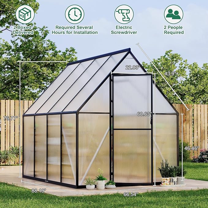 Polycarbonate Greenhouse for Outdoors, Large Walk-InGreenhouse with Quick Setup Structure and Roof Vent, Greenhouse with Ventilation