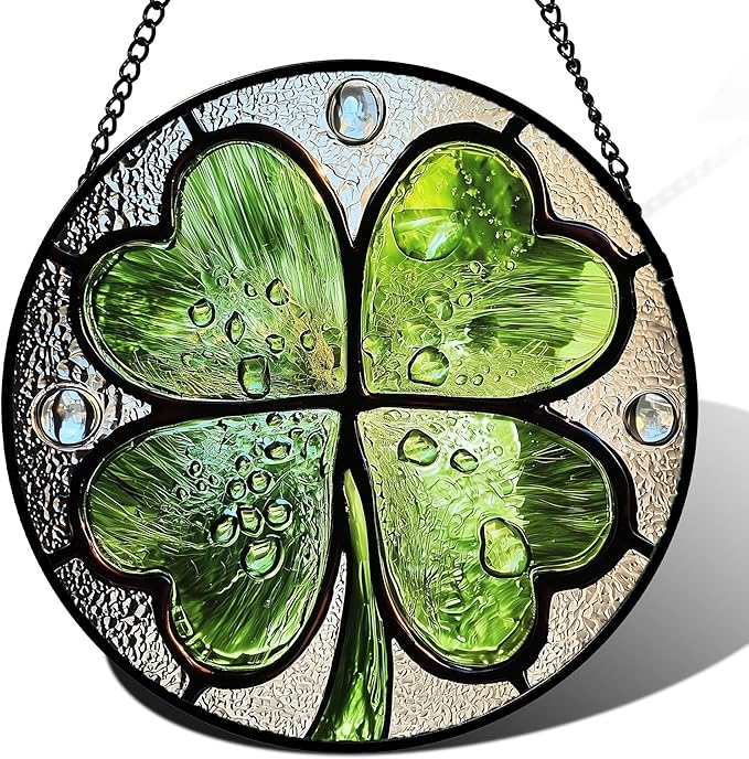 AMDERVEN Stained Glass Window Hanging - St. Patrick's Day Green Irish Themed Gifts Sun Catcher Door Home Clover Decor Suncatcher Christmas Mother's Day Birthday Gifts for Women Men Mom Nana 9.8 in