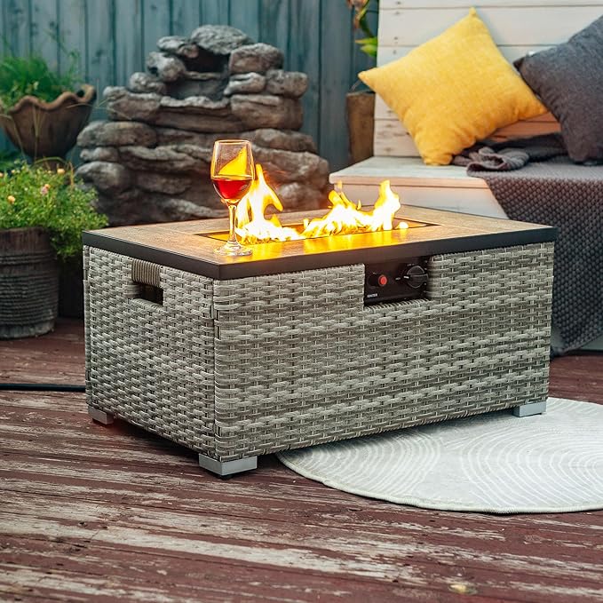 32in Gas Fire Pit Table Set, 50,000 BTU Propane Fire Pit Table Outdoor with Rain Cover, Hideaway Tank Holder Fits 20lb Tank, Gas Fire Pit for Outside w/Ceramic Tabletop and lid, Glass Rocks.